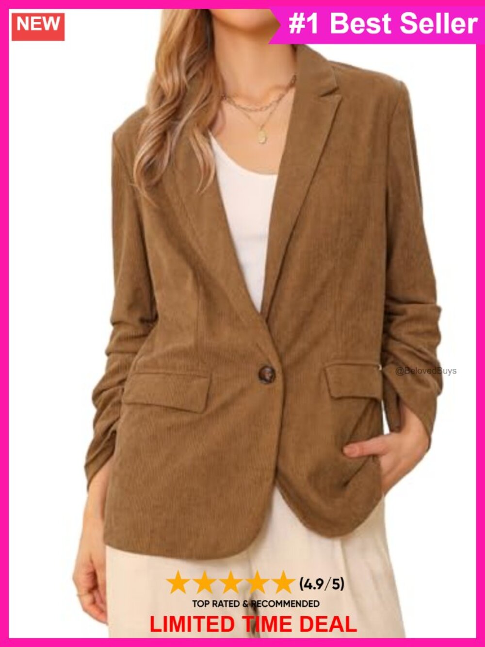 Corduroy Blazer Jacket Ruched Sleeve Lapel Collar One Button Business Casual
